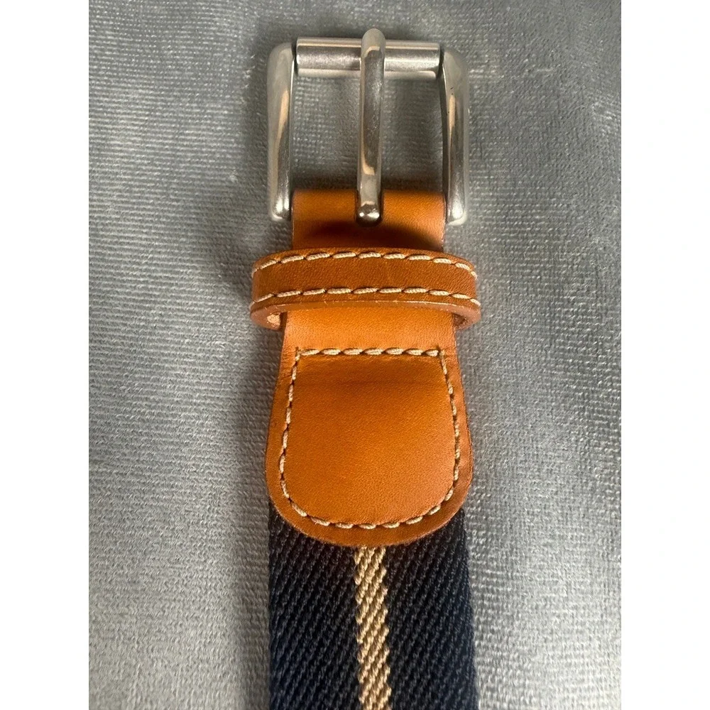L.L.Bean Stretch Web Belt Navy Tan Stripe Full Grain Leather Trim Size 38 USA
